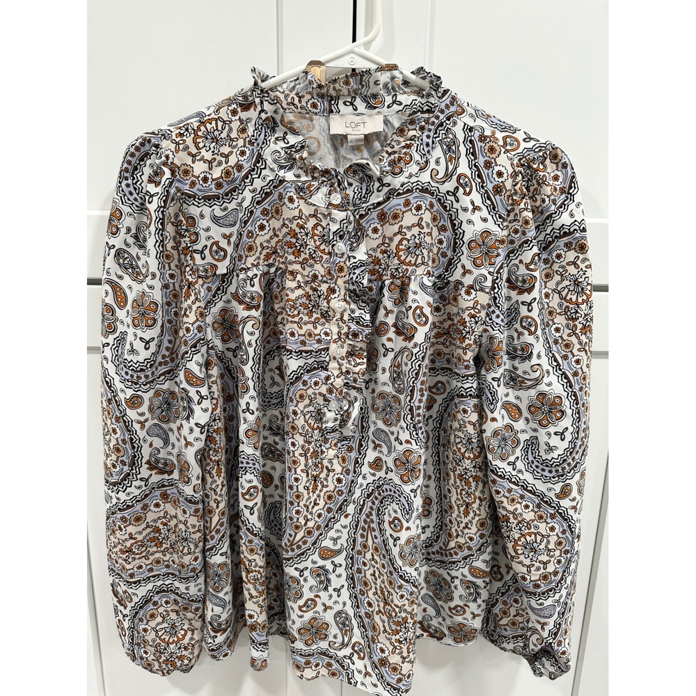 LOFT Outlet‎ Paisley Print Ruffle Neck Long Sleeve Blouse Women's Small